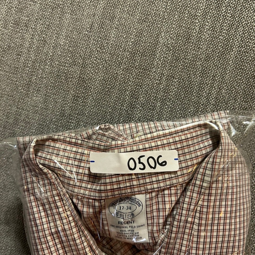 Brooks Brothers Button Down Mens 17-34 Brown Check Regent Supima Cotton Non-Iron - Picture 6 of 7